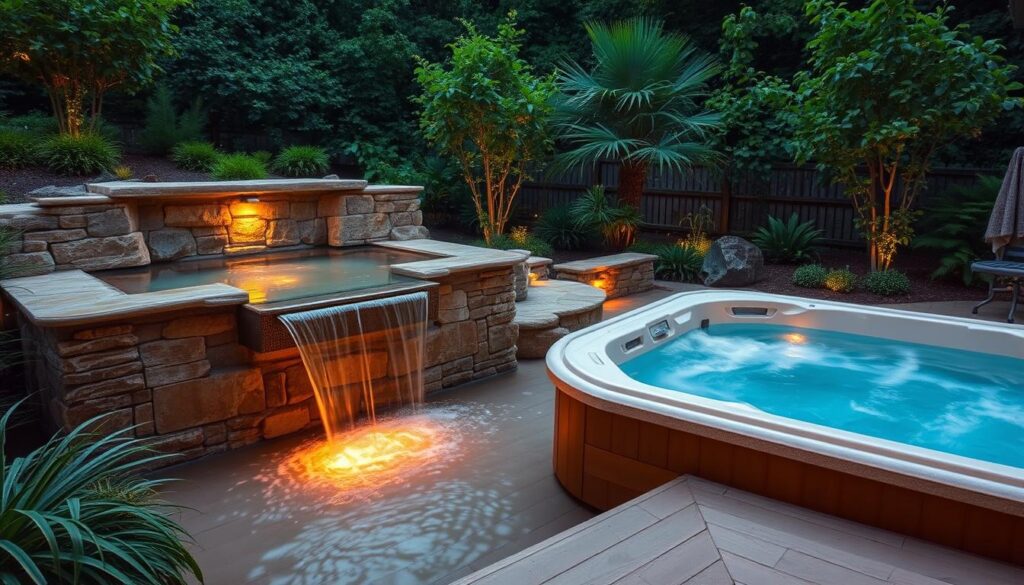 Integrated spas and spillover hot tubs