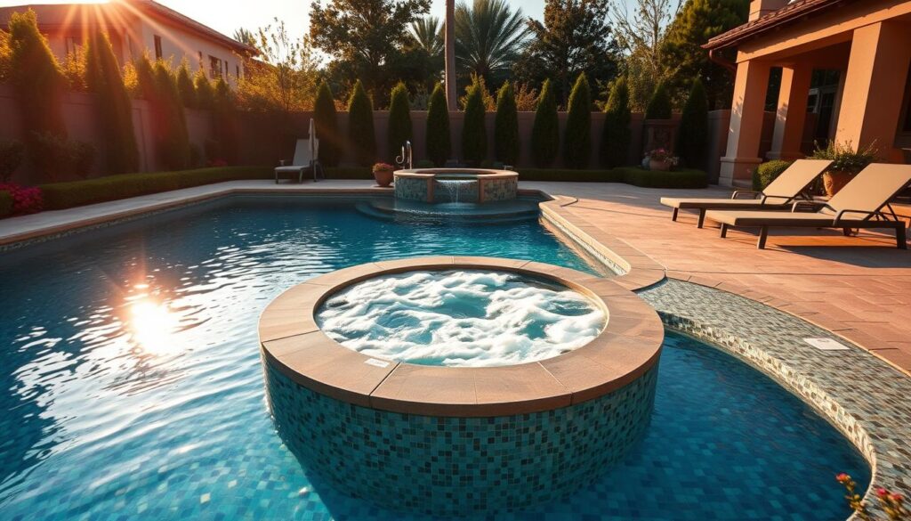 custom pools with unique pool finishes and a spa combination