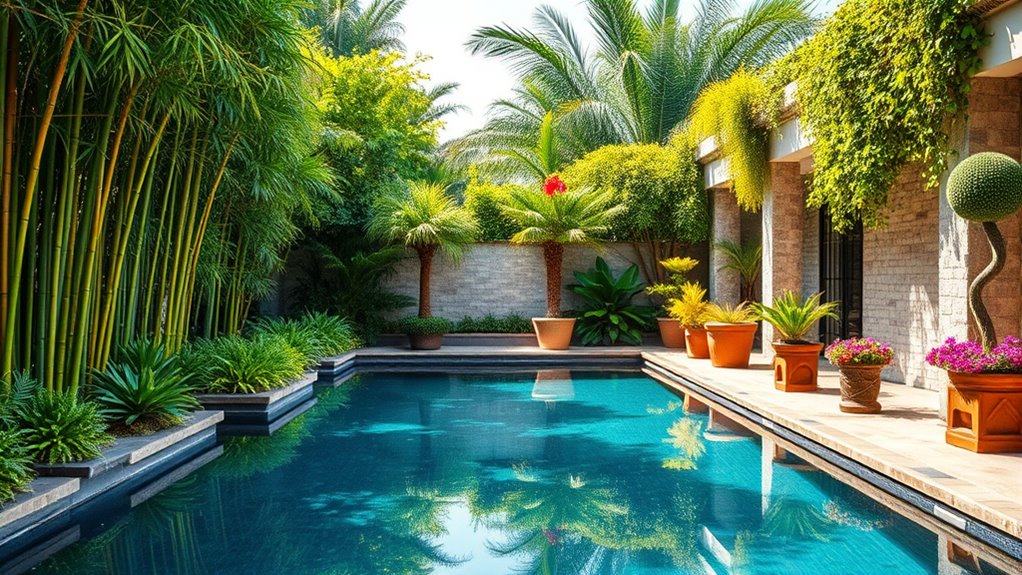 vibrant poolside greenery accents