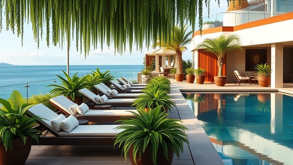 lush greenery enhances poolside ambiance