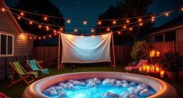 backyard poolside movie setup