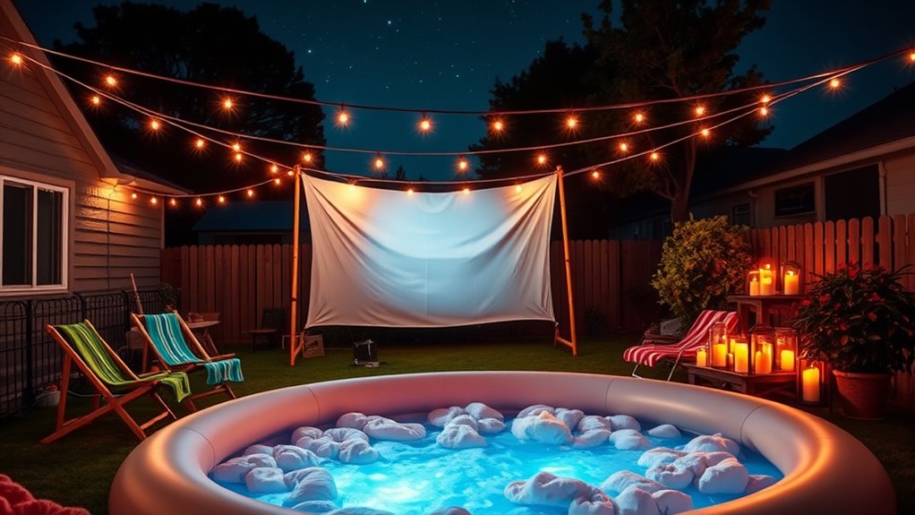 backyard poolside movie setup